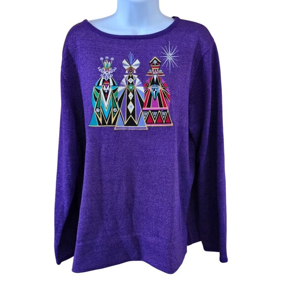 Bob Mackie Wearable Art Purple Sweater With Geometric Designs & Metallic Thread - Picture 5 of 9